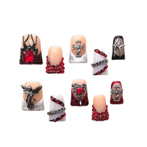Ongles de luxe faits main, pré-conçus, en forme de bec de canard, motif araignée écarlate, style européen et américain, pour la vente chaude, 20mm, rouge - Product Image 5