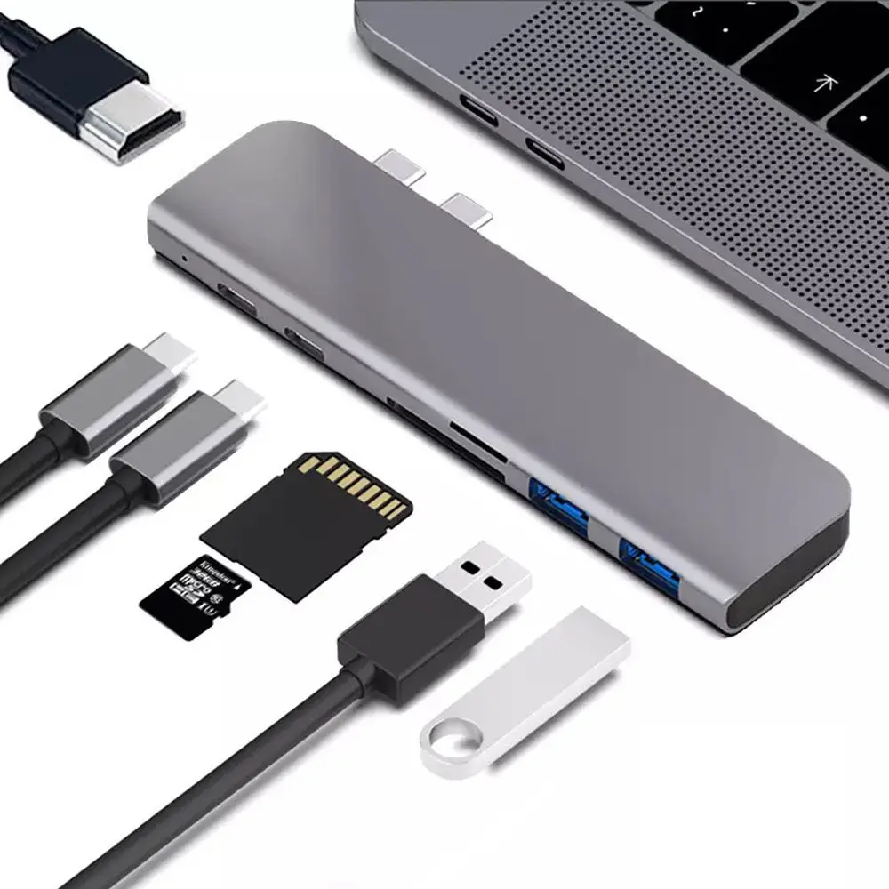 7 in 1 Dual Type C Hub Adapter USB-C hub with Thunderbolt 3 HD USB 3.0 Card Reader data Dock For MacBook Pro Mac