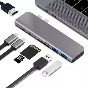 7 in 1 듀얼 타입 C 허브 어댑터 USB-C 허브 Thunderbolt 3 HD USB 3.0 카드 리더 데이터 도크 MacBook Pro Mac