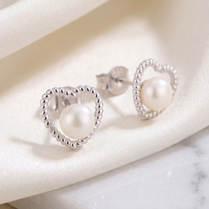 <b>Copper</b> Heart Rope <b>Frame</b> Freshwater Pearl Stud Earrings Minimalist Silver Plated Jewelry for Women - Product Image 3