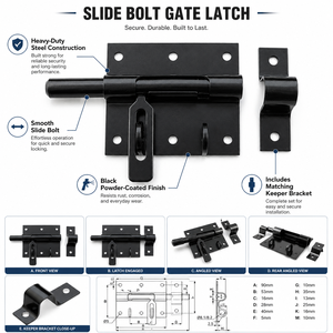 Loquet coulissant de porte en acier noir thermolaqué antirouille avec plaque de fixation pour portail de garage OEM - Product Image 2