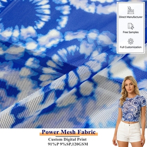 Tela de malla estampada digitalmente con efecto tie-dye <span class=keywords><strong>azul</strong></span> personalizada, 91% poliéster, 9% elastano, 120GSM, malla Power Net para camisetas modernas - Product Image 1
