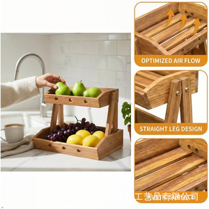 Wooden Double Layer Fruit Rack Solid Wood Kitchen Storage Holder For <b>Vegetables</b> And Snacks Multifunctional <b>Standing</b> Type - Product Image 2