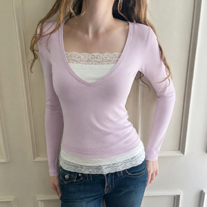 Contrast Lace Panel Knit Top, Long Sleeve Women's T <b>Shirt</b>, <b>Y2K</b> Retro Casual Fashion Top, Vintage Streetwear Style - Product Image 3