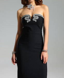 Tissu tricoté pour femmes avec décolleté en strass Robe longue noire pour femmes élégantes pour les fêtes Robes de bal noires élégantes - Product Image 1