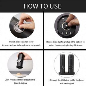One Hand Operation Adjustable Coarseness Electric Rechargeable Salt and <b>Pepper</b> <b>Grinder</b> Mill Set with LED Light - Product Image 5