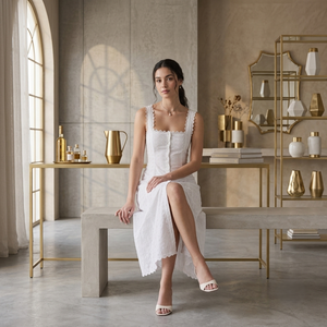 Robe midi sans manches en coton blanc à col carré et dentelle, brodée à œillets, style décontracté d'été, conception personnalisée pour femme, OEM ODM - Product Image 1