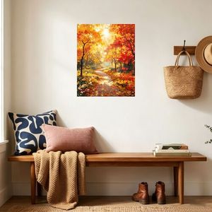 Impression sur panneau Paysage forestier d'automne, Art mural rectangulaire beige sans cadre fait main, Design minimaliste, Taille moyenne - Product Image 4