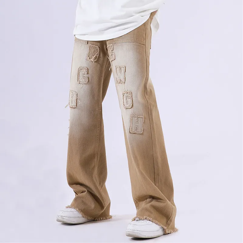 Custom Logo Jeans Spray Paint Letter Chenille Patch Jeans Men Urban Vibe Hip Hop Loose Raw Edge Straight Trousers Wide Leg Pants