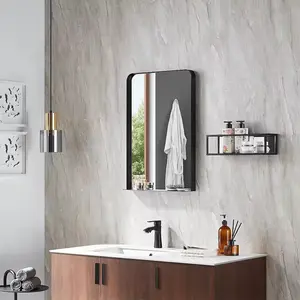 现代简约设计黑色框架防水墙镜长方形浴室壁挂式化妆镜带搁板