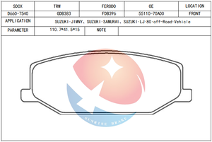 SDCX D9000 PN9118 D660-7540 de plaquettes de frein à bas <span class=keywords><strong>prix</strong></span> de qualité japonaise pour véhicule tout-terrain fermé MAZDA AZ-Offroad/Jimny /<span class=keywords><strong>SAMURAI</strong></span> - Product Image 2