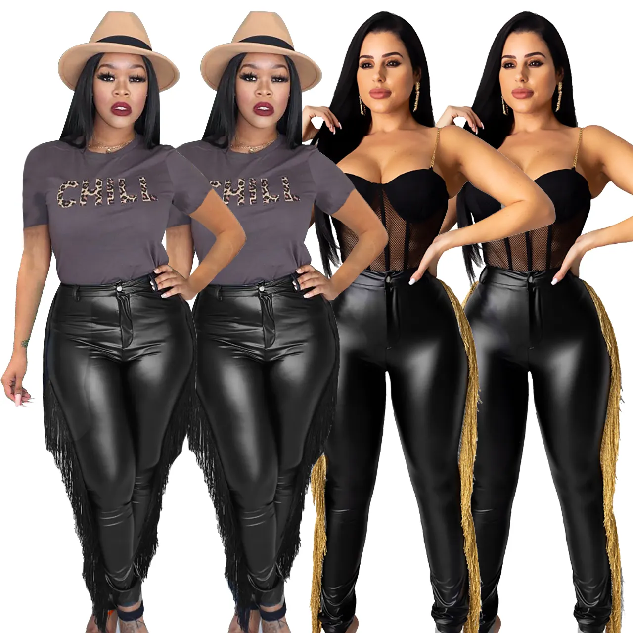 Fall and winter High quality new design stretch leather fringed pencil trousers long streetwear women's plus size legging pants