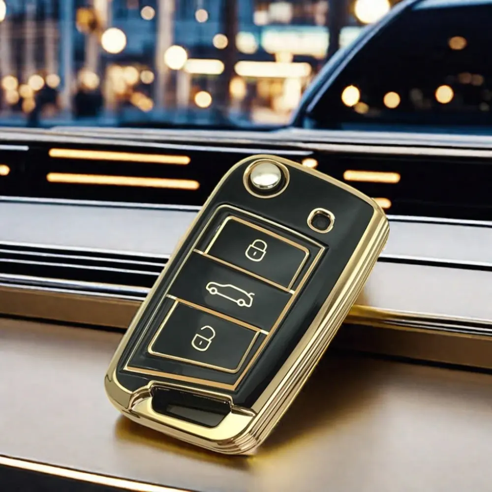 New Gold Edge Soft TPU Car Key Case VW Shell For VW TIGUAN L Golf 7 Passat Skoda Octavia Protection Key Cover