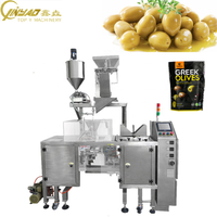 Machine d'emballage Doypack pour aliments marinés et olives avec jus, avec pompe doseuse, peseuse, remplisseuse et scelleuse pour l'emballage en sachet préformé
