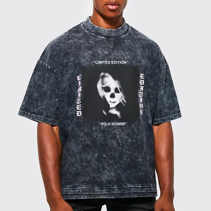 Custom logo 300gsm t shirt oversized Casual Wear Silk Cotton Shirts Summer Boxy Fit Acid Wash Heavyweight Skull Graphic T Shirts