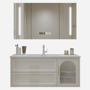 Cream bathroom sink cabinet defogged rock integrated basin wood vanity with multi-layer storage drawers - Product Image 4