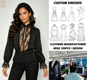 Women <b>Black</b> Lace Spliced Blouse, Stand Collar Bow Tie Lantern Long Sleeve <b>Sheer</b> Lace Panel <b>Shirt</b> - Product Image 1