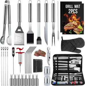 Luxury Portable Outdoor Camping Stainless Steel BBQ Tool Set with Storage Bag 34 PCS Barbecue Grill Accessories Organizer