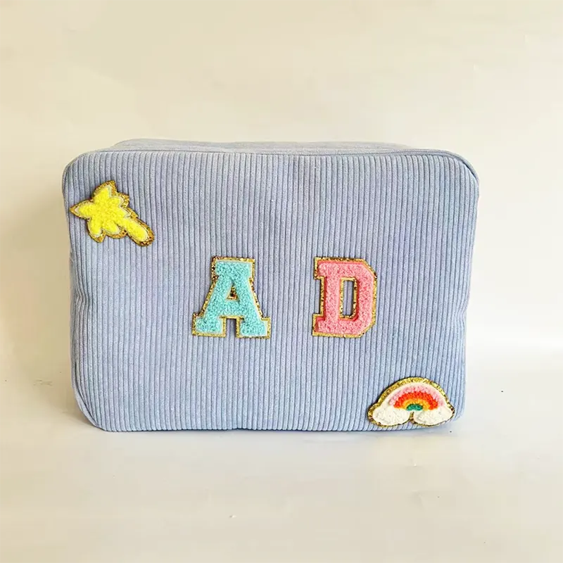 RTS Stock Corduroy Small Portable Personalize Letter Patches DIY Custom Travel Bridesmaid Gift Toiletry Makeup Cosmetic Bag