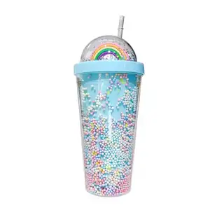 creative rainbow micro landscape plastic water cup Fashion women straw cup Sen series double layer color bead cold drink cup