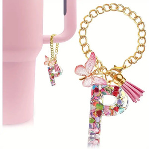 Llavero de epoxi personalizado con inicial, colgante de mariposa, borla, cadena dorada, confeti de corazones coloridos, accesorio para taza - Product Image 6