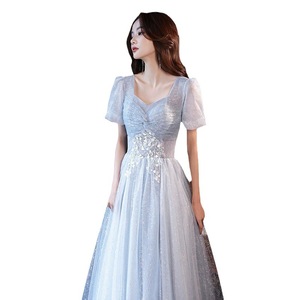 Blue Evening Gown Sweetheart Neckline A-Line Empire Waist Floral Print Light Blue Gray Long Dress For Banquets And Performances - Product Image 5