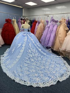 2025 thời trang bóng áo choàng bé màu xanh công chúa quinceanera ăn mặc với long lanh vải off-vai người yêu đính cung bên phong cách - Product Image 5