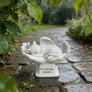Escultura Conmemorativa de Gato Ángel Personalizada, Gatito Durmiendo de Resina Blanca con Alas en las Manos, Recuerdo Personalizado para la Pérdida de Mascotas - Product Image 2
