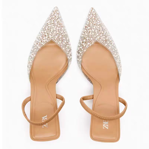 Sandali <span class=keywords><strong>Nude</strong></span> da Donna ZA Estate 2026 con Perle e Strass, Punta a Spillo, Mules con Tacco e Cinturino Posteriore, Scarpe Eleganti da Cerimonia e Matrimonio - Product Image 4