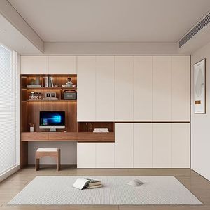 Armoire en Noyer Blanc Crème avec Bureau Intégré, Étagère LED, Tiroirs, Montage Facile, Taille Personnalisée, Système de Rangement de Chambre du Sol au Plafond - Product Image 2