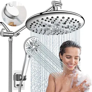 Combo pommeau de douche, pommeau de douche pluie haute pression de 10 pouces à 7 réglages avec bras d'extension réglable de 11 pouces et douche à main à 9 réglages