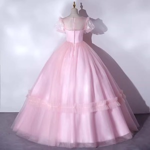 Pink Off The Shoulder Evening Gown Empire Waist Tutu Skirt Sweet Puff Sleeves For Wedding Party Coming Of Age Ceremony - Product Image 4
