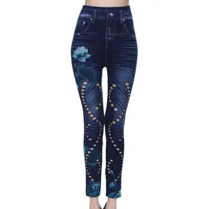 Mode Frauen Leggings Blumen druck Bleistift hose Leggins 2019 3XL Plus Size Hohe Taille Aushöhlen Faux Denim Leggings