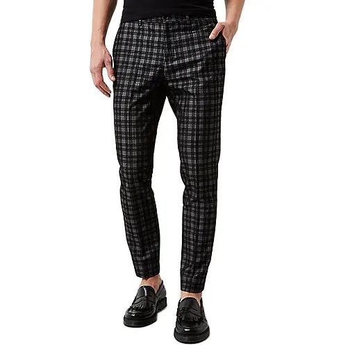 Latest high quality men's grid business pants grey check men velvet skinny fit trousers