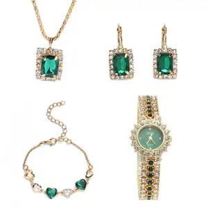 New Arrivals Gold Color Jewelry Sets For Women Wedding Green Zircon Bracelet Earrings Necklace Pendant Watch Gift 5PCS