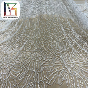 Phụ nữ sang trọng nặng ngọc trai đính cườm vải tuyn thêu ren vải lưới cô dâu với hạt ngọc trai ren vải cho váy cưới - Product Image 3