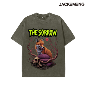 Camiseta Oversize <span class=keywords><strong>de</strong></span> Algodón Lavado con Estampado <span class=keywords><strong>de</strong></span> Calavera <span class=keywords><strong>de</strong></span> Zorro <span class=keywords><strong>de</strong></span> Terror y Luna Roja, Estilo Retro Urbano, Informal Diaria, Almacén <span class=keywords><strong>de</strong></span> EE. UU. - Product Image 6