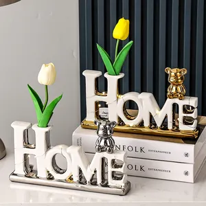 크리에이 티브 세라믹 홈 데코 선물 아이템 골드 베어 편지 디자인 새싹 꽃병 장식품 홈 액세서리를위한 멋진 장식