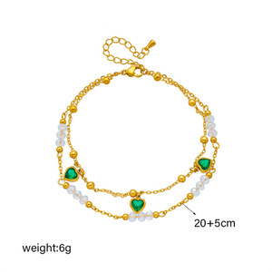 Vintage Emerald Heart Two Layers Anklet Gold Plated Stainless Steel Transparent Crystal Bead Tiny Ball Charm Beaded Anklet - Product Image 5