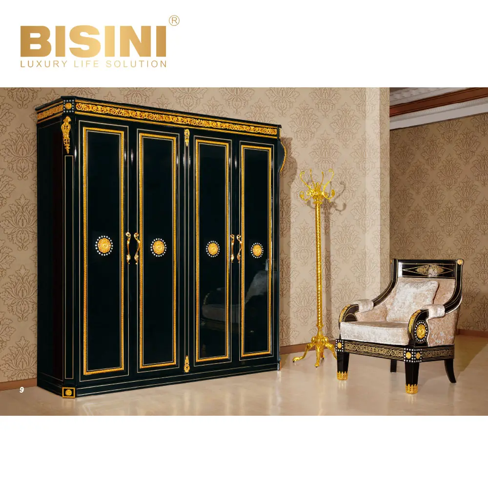 Antike italienische Stil Schlafzimmer möbel Luxus Holz hand geschnitzt schwarz 4 Türen Kleider schrank mit Kleider ständer
