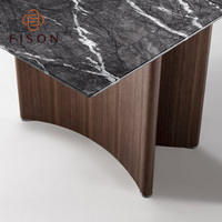 Table à manger moderne minimaliste en céramique noire italienne avec plateau en pierre et pieds en bois, 6 places, pour hôtel, restaurant, villa