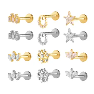 G23 Titanium Tragus Daith Piercing Jewelry Flower Star Earring Stud Gold Silver Plated Flat Back Lip Labret Stud