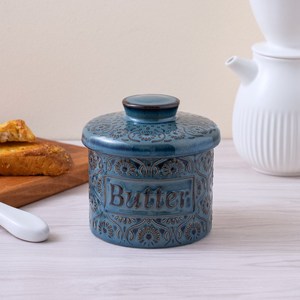 Dark Blue Ceramic Butter Dish With Lid Vintage Embossed Plant Pattern Airtight <b>Kitchen</b> <b>Storage</b> <b>Jar</b> - Product Image 1