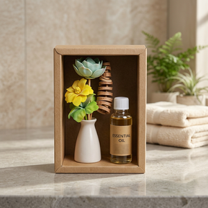 Caja de regalo de cerámica moderna con botella de aceite esencial y flores decorativas, juego de regalo promocional exquisito hecho a mano. - Product Image 3