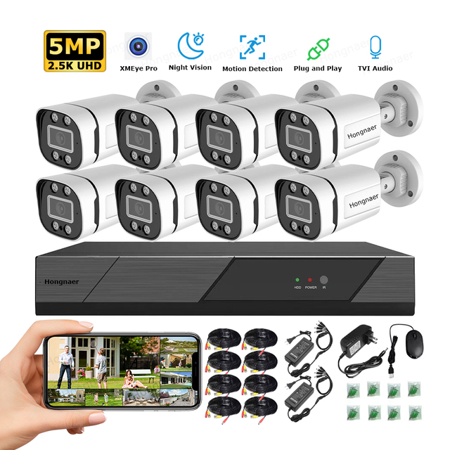 Hongnaer 5MP Outdoor AHD Bullet DVR Home 8 Channel Video CCTV Security Camera Kit System Night Vision Analog Surveillance System