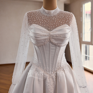 Robes de mariée élégantes Rsm261036 pour les mariées, perles, manches longues, col haut, fermeture éclair au dos, robe en satin style A, robe de mariage Jancemebr - Product Image 5