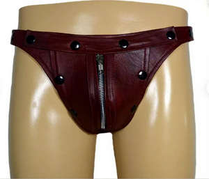 Shorts en cuir bordeaux pour hommes, style gothique, taille basse, avec fermeture éclair et boutons-pression - Product Image 1