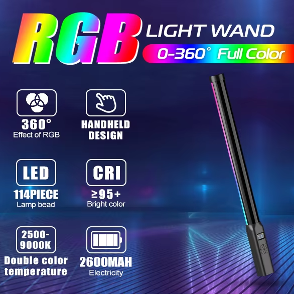 ULANZI VL119 Handheld Light Wand, 360° RGB LED Video Light Stick for Photography,2500-9000K Dimmable Camera Light with LCD