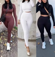 Femmes décontracté sport Fitness 2 pièces ensemble couleur unie à manches longues court pantalon slim tissu worested pour le printemps Fitness Sports