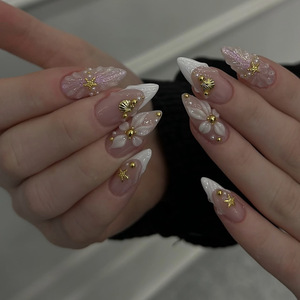 Faux ongles en gel souple à presser, longs, forme stiletto, French manucure, motif floral 3D, étoile de mer dorée, perle, réutilisables, pour femmes, salon de beauté - Product Image 4